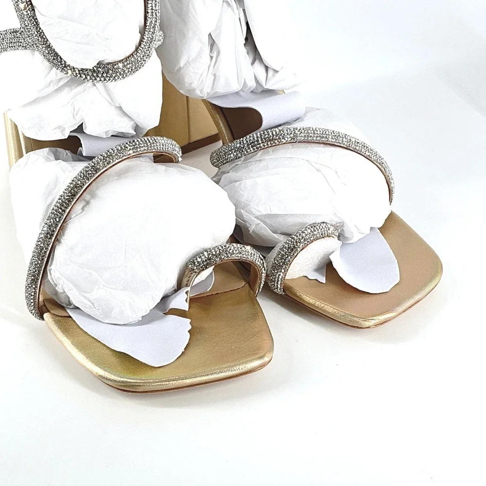 Badgley Mischka Silver Crystal-Strap Gold Block Heel Sandals